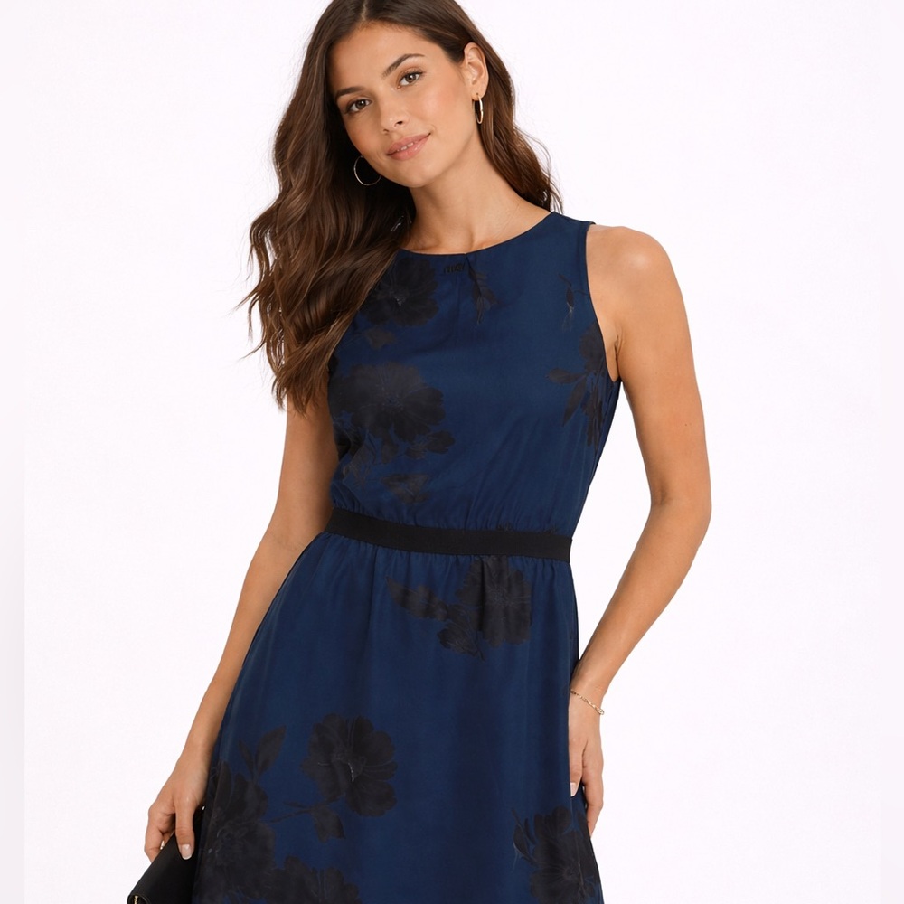 LOFT Petite Navy Blue Floral Dress Black Waistband Fit & Flare Medium Petite